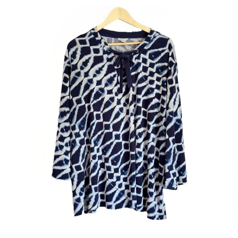 Cato Geometric Nautical Top Women’s 26/28W Tie Up V-Neck 3/4 Bell Sleeves Resort